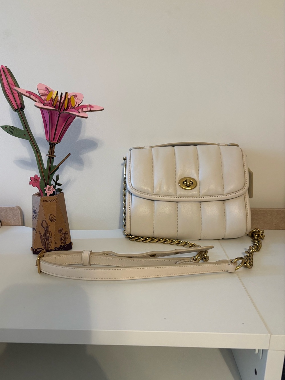 Coach Quilted Leather Crossbody Bag Ivory Cream Brass Chain Strap